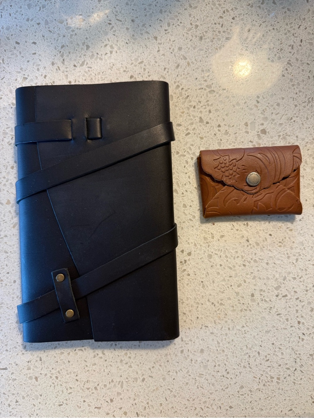 Portland Leather Wrap Journal and Tooled Leather Card Wallet - Black & Brown